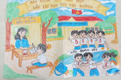 Bài thi vẽ tranh“phòng, chống bạo lực học đường” của học sinh Trường Tiểu học Hoàng Nam